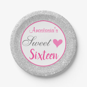 Plato De Papel Princesa Femenina Rosa y Plata Brillo Cumple Dieci