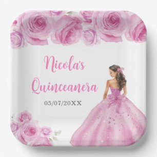 Plato De Papel Princesa floral con traje rosa claro Quinceanera