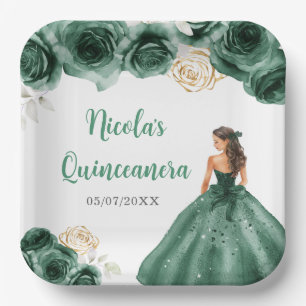 Plato De Papel Princesa floral con traje verde oscuro Quinceanera