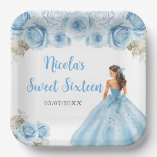 Plato De Papel Princesa floral con vestido azul dulce dieciséis