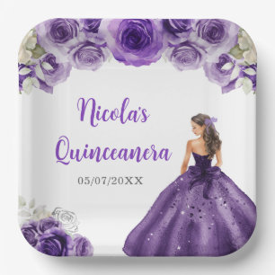 Plato De Papel Princesa floral con vestido morado oscuro Quincean