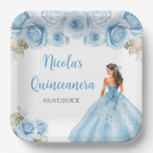 Plato De Papel Princesa floral con vestimenta azul Quinceanera