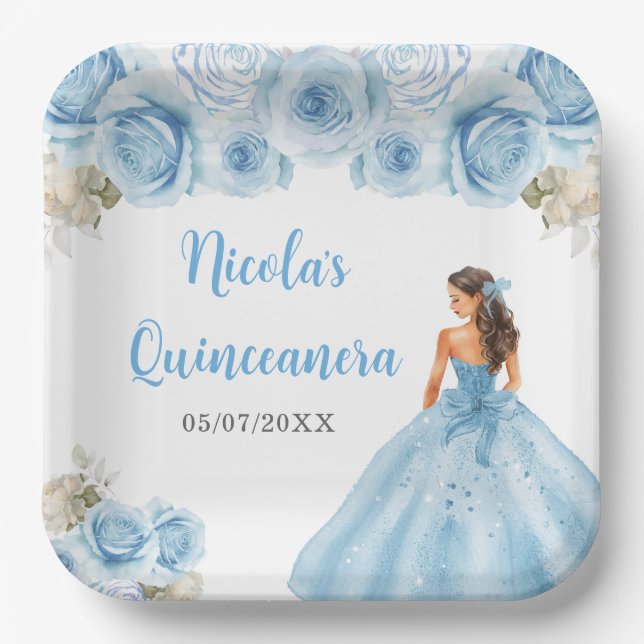 Plato De Papel Princesa floral con vestimenta azul Quinceanera (Anverso)