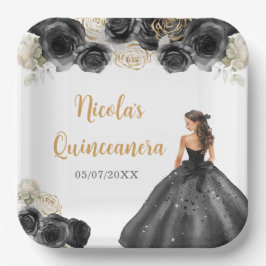 Plato De Papel Princesa floral con vestimenta negra Quinceanera