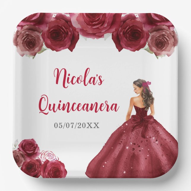 Plato De Papel Princesa floral con vestimenta roja Quinceanera (Anverso)
