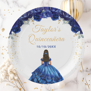 Plato De Papel Princesa Floral Quinceañera Azul Oscuro