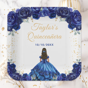 Plato De Papel Princesa Floral Quinceañera Azul Oscuro
