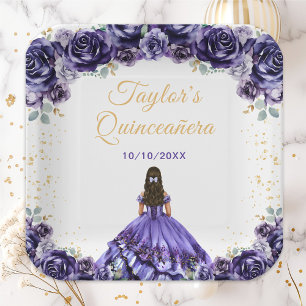 Plato De Papel Princesa Floral Quinceañera Morado Oscuro