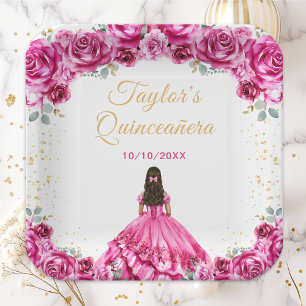 Plato De Papel Princesa Floral Quinceañera Rosa Fucsia