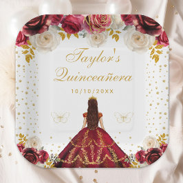 Plato De Papel Princesa Floral Roja Quinceañera