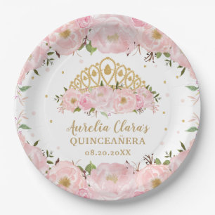 Plato De Papel Princesa Floral Rosa de Rubor Corona Tiara QUINCEA