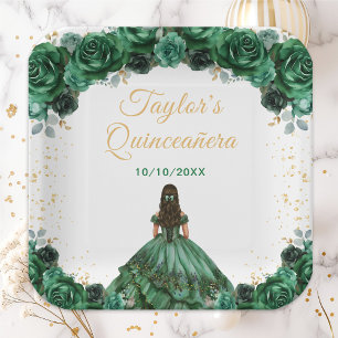 Plato De Papel Princesa Floral Verde Oscuro Quinceañera