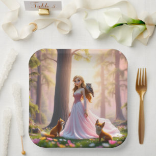 Plato De Papel Princesa forestal encantada con compañeras de anim