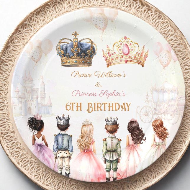 Plato De Papel Princesa Gemelos Cumpleaños de la Corona Real (Princess Prince Twins Royal Crown Birthday Paper Plates)