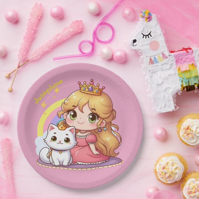 Plato De Papel Princesa linda personalizable con gato blanco (Fiesta)