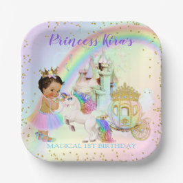 Plato De Papel Princesa Mágica del Arco Iris Castillo Carruaje Un