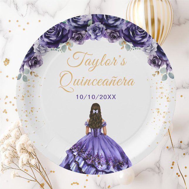 Plato De Papel Princesa Morada Oscura Floral Quinceañera (Subido por el creador)