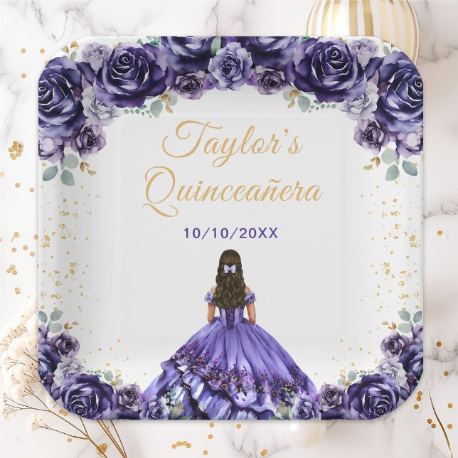 Plato De Papel Princesa Morada Oscura Floral Quinceañera (Subido por el creador)