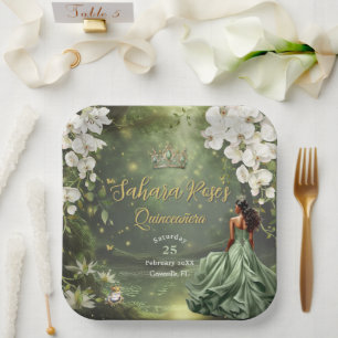 Plato De Papel Princesa Morena y Sapo Sabio Verde Quinceañera 16