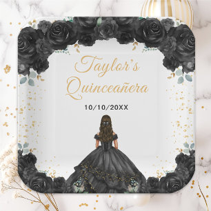 Plato De Papel Princesa Negra Quinceañera Floral