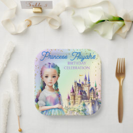 Plato De Papel Princesa Pastel Mágico Castillo Fantasía Arcoíris