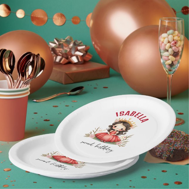 Plato De Papel Princesa pequeña con vestido rojo (Multi)