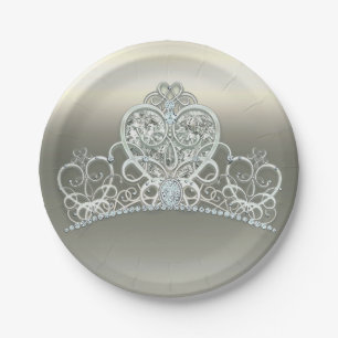Plato De Papel Princesa Platino Marfil Tiara Fiesta de Cumpleaños