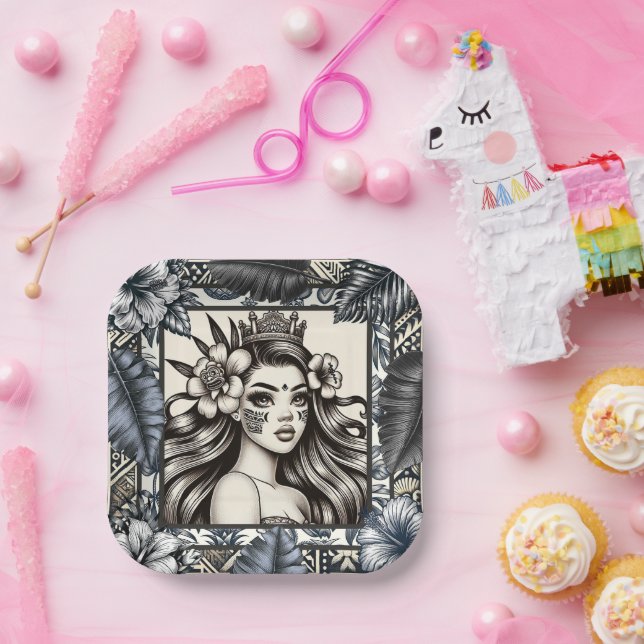 Plato De Papel Princesa Polinesia Floral Tribal Azul (Fiesta)