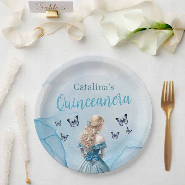 Plato De Papel Princesa Quinceañera de la mariposa de oro azul (Boda)