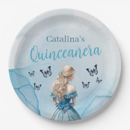 Plato De Papel Princesa Quinceañera de la mariposa de oro azul