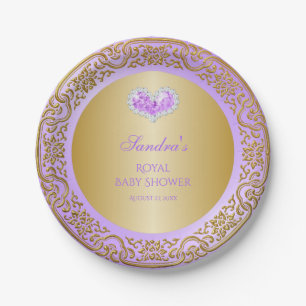 Plato De Papel Princesa Real Lavanda Oro Diamante Corazón Gema