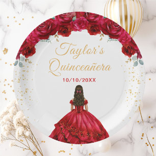 Plato De Papel Princesa Roja Floral Quinceañera