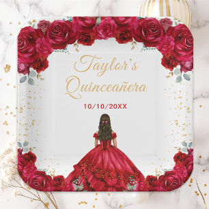 Plato De Papel Princesa Roja Floral Quinceañera