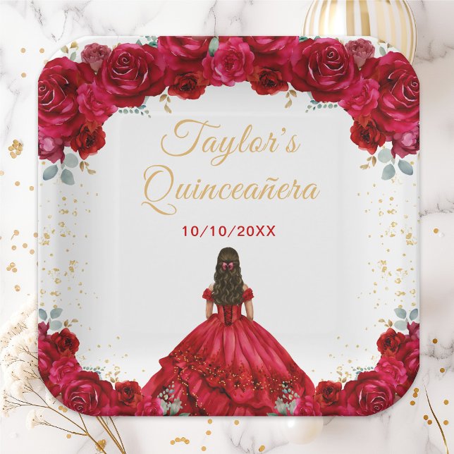 Plato De Papel Princesa Roja Floral Quinceañera (Subido por el creador)