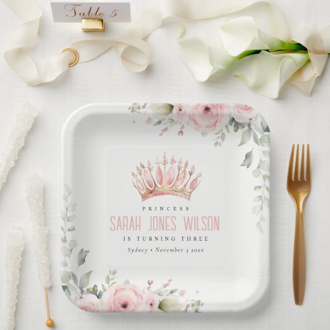 Plato De Papel Princesa Rosa Corona Floral Tiara Cumpleaños (Boda)