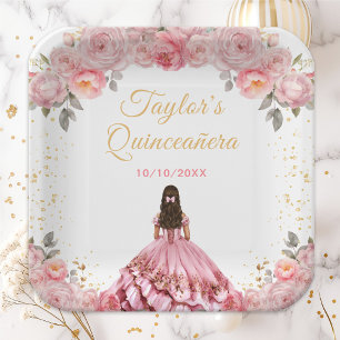 Plato De Papel Princesa Rosa Floral Quinceañera