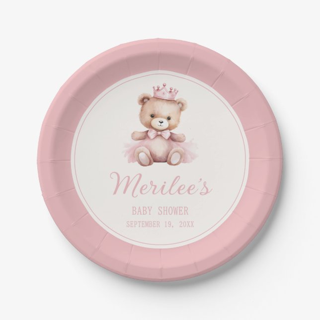 Plato De Papel Princesa Rosa Oso Niña Baby Shower (Anverso)