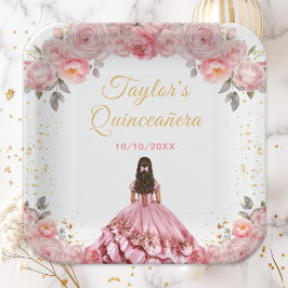 Plato De Papel Princesa Rosa Rosa Floral Quinceañera