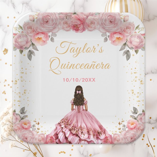 Plato De Papel Princesa Rosa Rosa Floral Quinceañera (Subido por el creador)