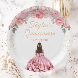 Plato De Papel Princesa Rosa Rosa Floral Quinceañera