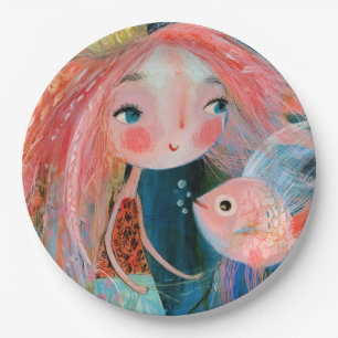 Plato De Papel Princesa sirena con amiga pez rosa