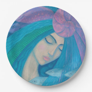 Plato De Papel Princesa Sirena, fantasía submarina, azul rosado