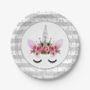 Plato De Papel Princesa Unicorn Purpurina Plata
