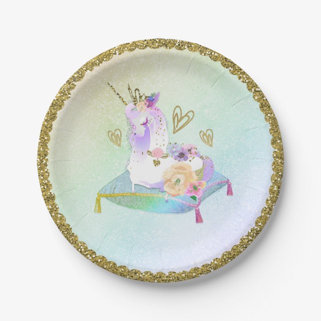 Plato De Papel Princesa Unicornio Arcoíris Iridescente Pastel Fie (Anverso)