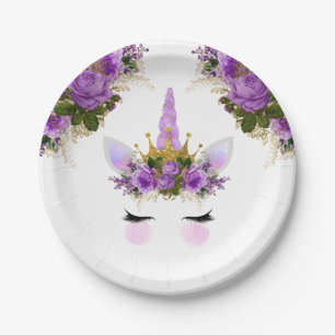 Plato De Papel Princesa Unicornio Floral Púrpura
