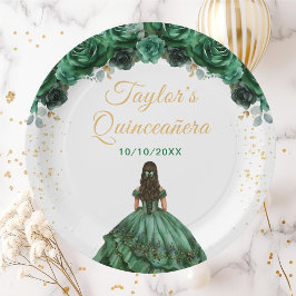 Plato De Papel Princesa Verde Oscura Floral Quinceañera