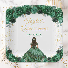 Plato De Papel Princesa Verde Oscura Floral Quinceañera