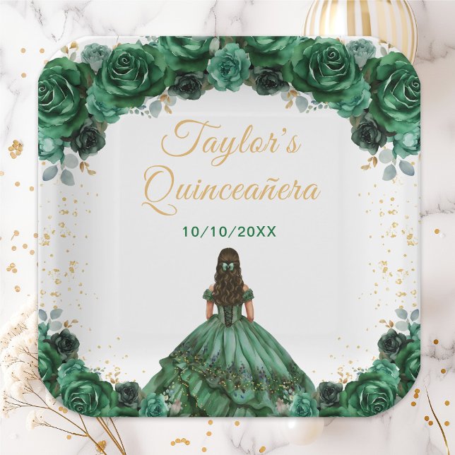 Plato De Papel Princesa Verde Oscura Floral Quinceañera (Subido por el creador)