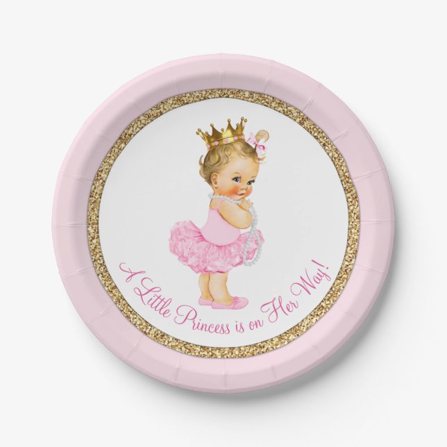 Plato De Papel Princess Ballerina Pink Gold Baby Shower (Anverso)