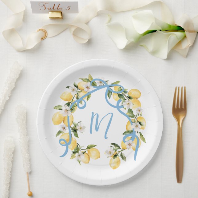 Plato De Papel Principal Squeeze Citrus Monograma de Limón Ducha  (Boda)